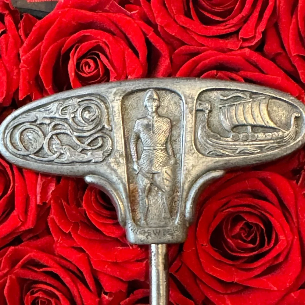 Vintage Norwegian Pewter T Handle Corkscrew Viking Ship Warrior Barware